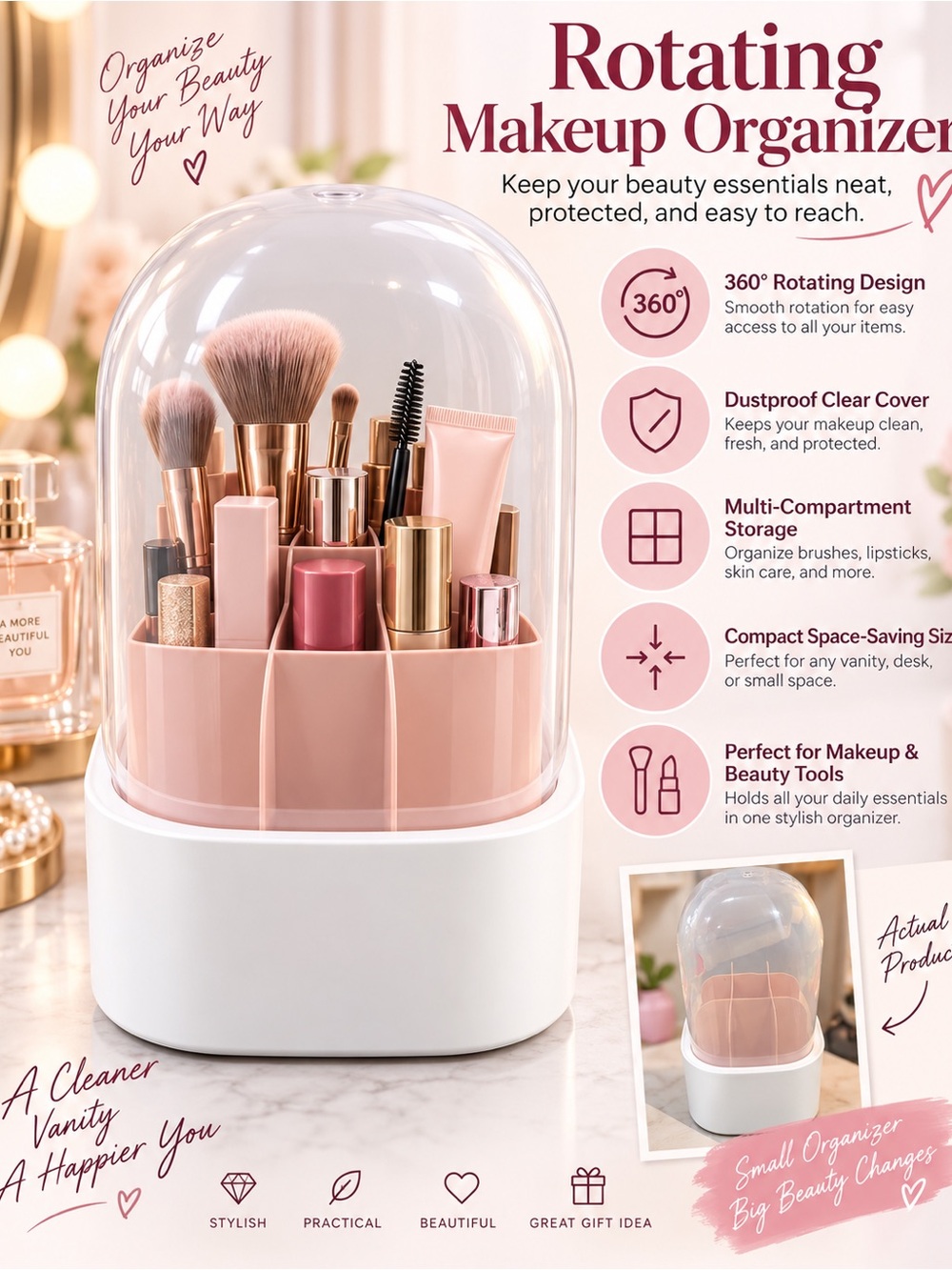 Rotating Makeup Organizer - Pink Dustproof Cosmetic Storage